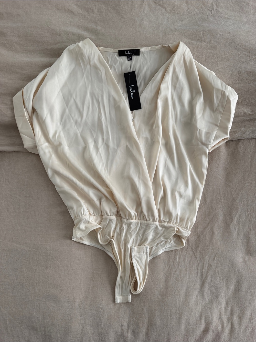 Lulus Ivory satin Bodysuit Top - Elegant Wrap Front